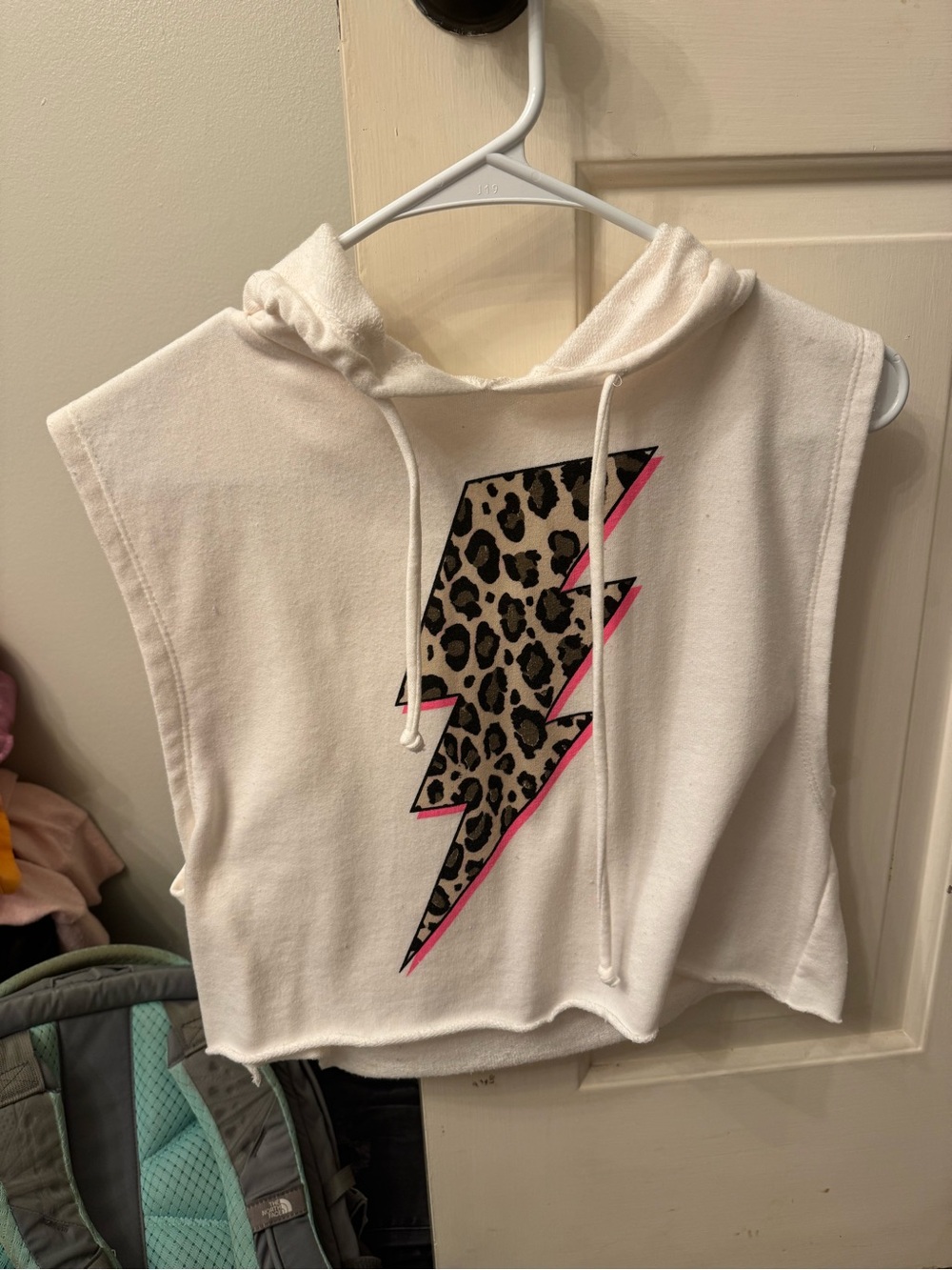 Le Lis White Sleeveless Hoodie with Leopard Lightning Bolt and Hot Pink Trim
